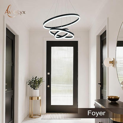 3 Rings Modern LED Chandelier Black High Ceiling Ring Chandeliers with Remote Control Circular Pendant Light Dimmable for Dining Room Living Room Bedroom Foyer Entryway 3000K-6500K