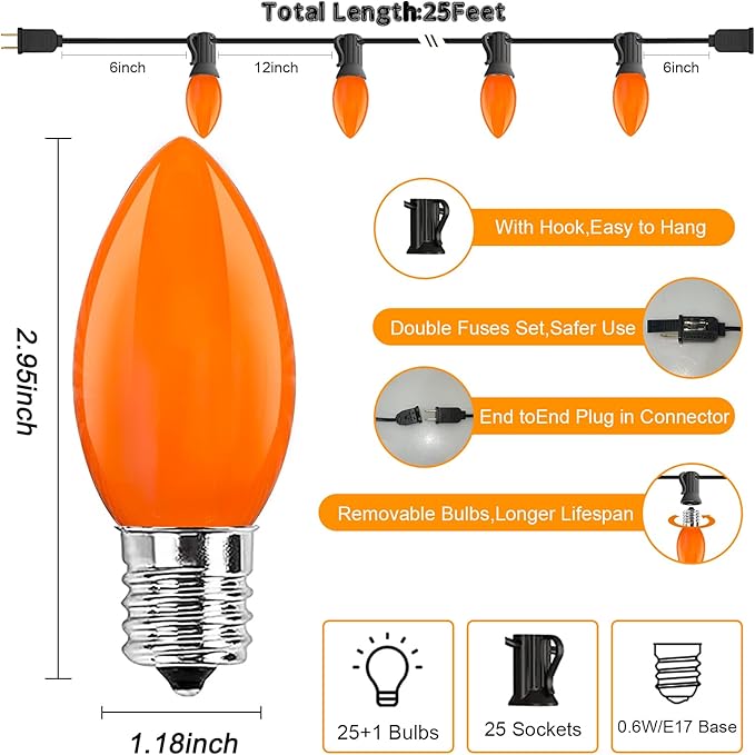 Orange LED Outdoor Halloween Lights, 25FT Halloween Decorations with 25 C9 LED Bulbs, Connectable String Light Plug in for Garden Patio Party Haunted House Ghost Holiday Decor