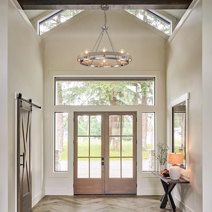 29" Brushed Nickel Wagon Wheel Chandelier, 8-Light Large Farmhouse Chandelier with Wood Grain Rustic Round Dining Room Light Fixtures for High Ceiling Foyer Living Room