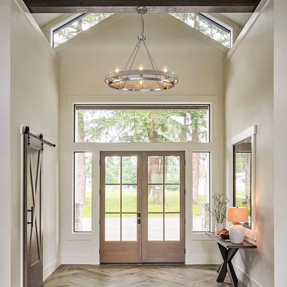 29" Brushed Nickel Wagon Wheel Chandelier, 8-Light Large Farmhouse Chandelier with Wood Grain Rustic Round Dining Room Light Fixtures for High Ceiling Foyer Living Room