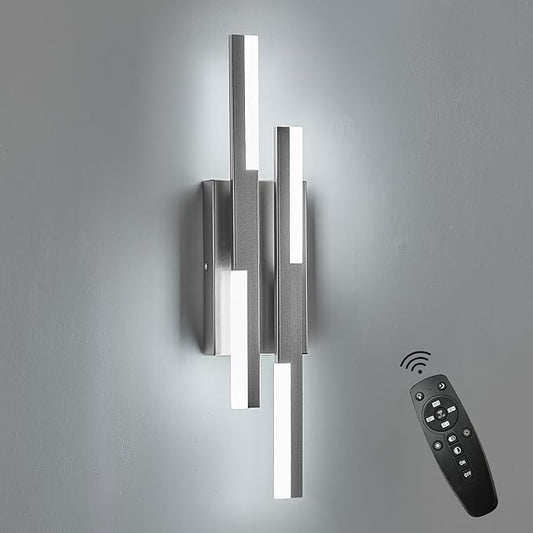 Benkut Modern LED Wall Sconce Silver Remote Wall Light Fixtures for Bathroom, Dimmable Vanity Light Indoor LED Remote Wall Sconce for Bedside Bedroom Living Dining Room (1 Pack 3000-6500K 19.7inch)