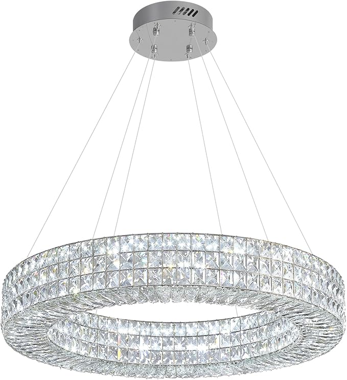 ykolupty Dia 24" Modern Crystal Chandelier Silver Ring Chandelier Adjustable Height Luxury Crystal Pendant Ceiling Light Fixture for Dining Living Room Bedroom