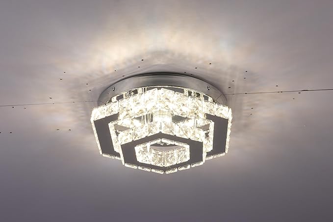Modern Hexagon K9 Crystal LED Flush Mount Ceiling Light, 45W 3600LM 3-Color, Luxury 2-Layer Stainless Steel Chandelier for Bedroom Living Room Hallway Bathroom