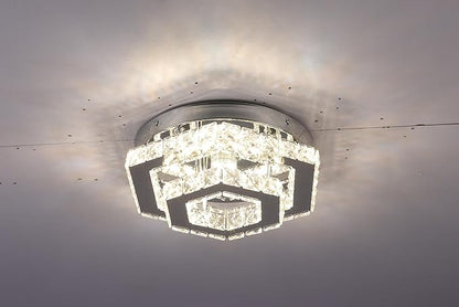 Modern Hexagon K9 Crystal LED Flush Mount Ceiling Light, 45W 3600LM 3-Color, Luxury 2-Layer Stainless Steel Chandelier for Bedroom Living Room Hallway Bathroom