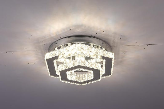 Modern Hexagon K9 Crystal LED Flush Mount Ceiling Light, 45W 3600LM 3-Color, Luxury 2-Layer Stainless Steel Chandelier for Bedroom Living Room Hallway Bathroom