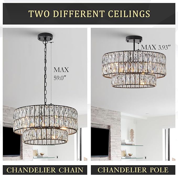 CATINER Black Crystal Chandelier 6-Lights Luxury Crystal Pendant Chandelier 20'' Drum Semi Flush Mount Ceiling Lights for Dining Room Foyer Living Room Bedroom Kitchen
