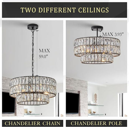 CATINER Black Crystal Chandelier 6-Lights Luxury Crystal Pendant Chandelier 20'' Drum Semi Flush Mount Ceiling Lights for Dining Room Foyer Living Room Bedroom Kitchen