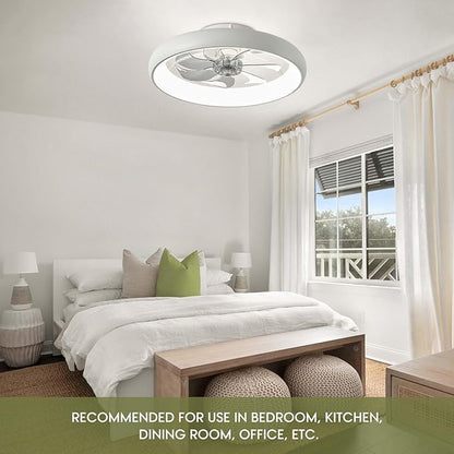 LUDOMIDE 20" Modern White Flush Mount Ceiling Fan with Lights, 6 Wind Speeds, LED, Voice Control, Bedroom, Living Room, Kitchen