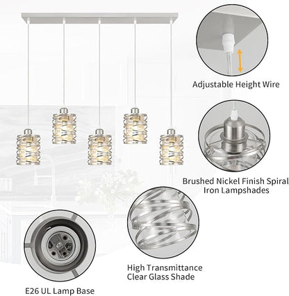 Brushed Nickel Pendant Lights for Kitchen Island, 5-Light Chandelier for Dining Room, Hanging Linear Chandeliers, Modern Dining Room Light Fixtures Pendant Light with Clear Glass Shades