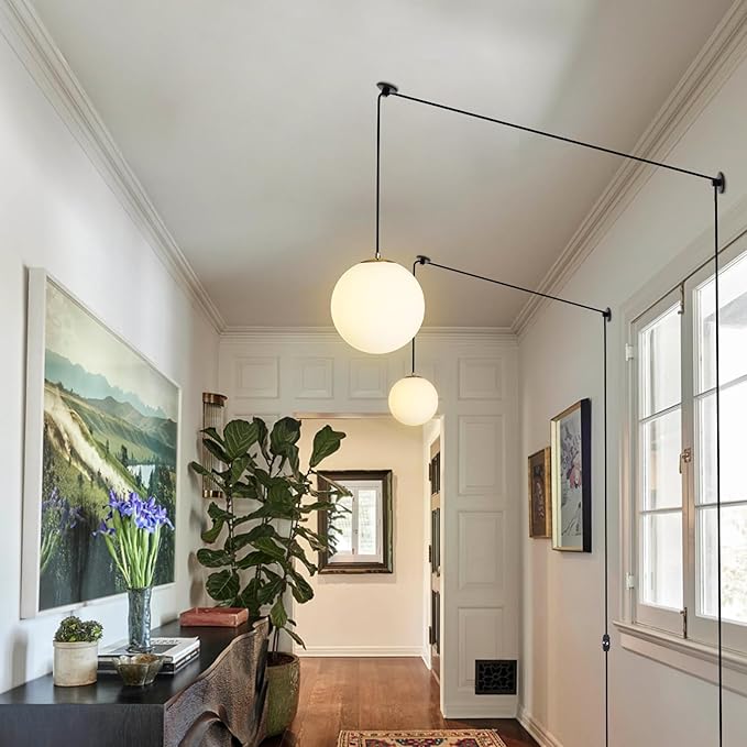 Plug in Globe Pendant Light, Mid Century Globe Hanging Lamp with Cord and ON/Off Switch, Modern Gold Chandelier with Milk Glass for Kitchen Island Dining Room Bedroom Hallway Foyer
