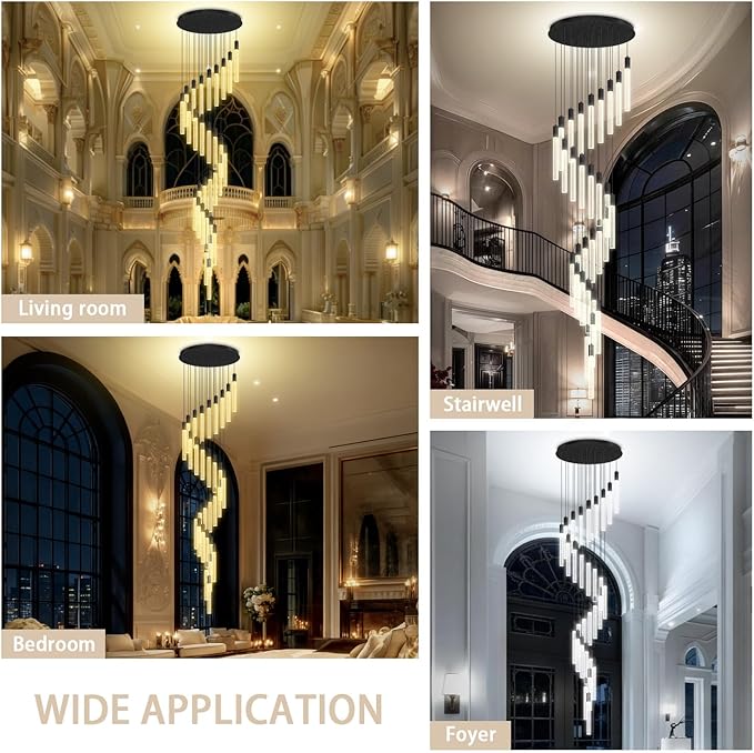 D28inxH177in Long Crystal Column Chandelier Large Black Staircase Chandelier for High Ceiling 30-Light Dimmable LED Pendant Lighting Foyer Entryway Light Source is Replaceable