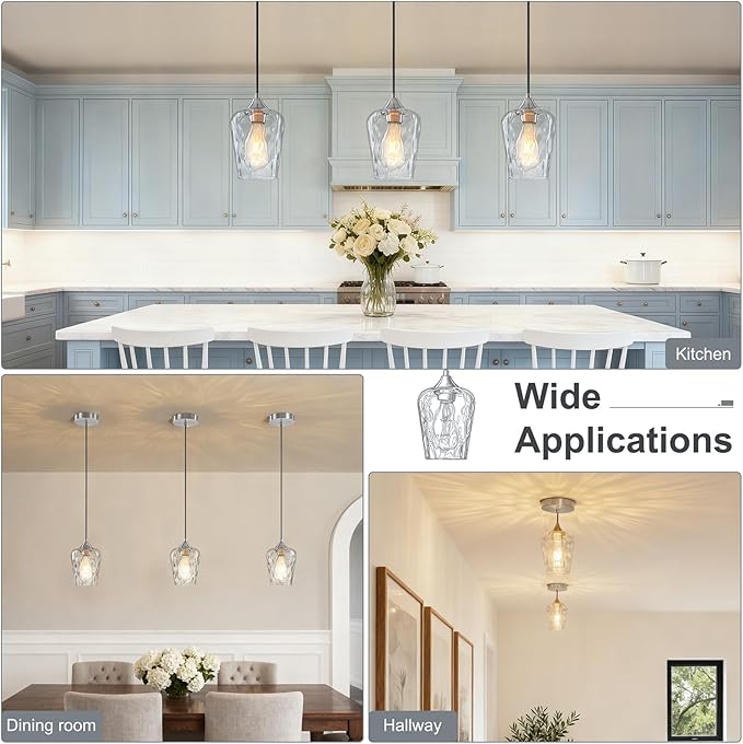 3 Pack 5.1" Kitchen Pendant Lights, Small Brushed Nickel Hammered Glass Pendant Light Fixtures, Mini Modern Pendant Lights Kitchen Island Lighting for Dining Room Over Sink