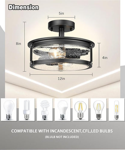 2-Light Semi Flush Mount Ceiling Light Fixture, Industrial Farmhouse Lighting, Black Matte Metal Hallway Ceiling Light with Seeded Glass for Bedroom,Living Room,Kitchen,Entryway,Dining Room