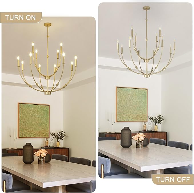 35" Large Chandeliers for Dining Room, Modern Gold 12-Lights Candle Style 2-Tiers Hanging Light Fixture for High Ceiling Living Room Foyer Staircase
