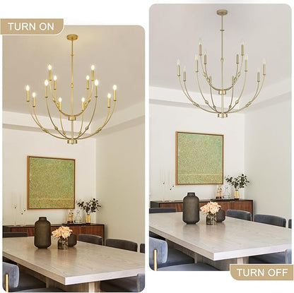 35" Large Chandeliers for Dining Room, Modern Gold 12-Lights Candle Style 2-Tiers Hanging Light Fixture for High Ceiling Living Room Foyer Staircase