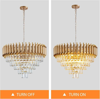 Gold Crystal Chandelier 24" Modern Living Room Chandeliers, K9 Crystal Ceiling Lights Fixtures, Round 5 Tiers Pendant Lighting Large Chandelier for Entryway Dining Room Staircase