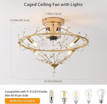 Ganeed 23.6 Inch Gold Crystal Fandelier Ceiling Fan with Light, Chandelier Ceiling Fan with Lights Remote Control, Modern Crystal Fandelier 6 Speeds for Girl's Bedroom Nursery Living Room Kitchen