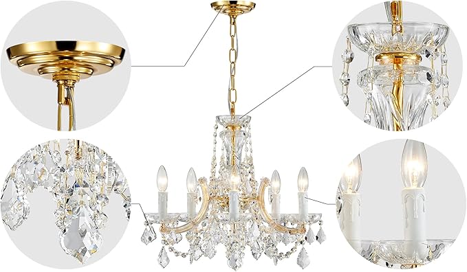 AGV LIGHTING CH001G Modern K9 Crystal Chandelier, Maria Theresa Style Light Fixture, 5-Lights, D20 x H18, Adjustable Chain 59", Shinny Gold Finish Frame