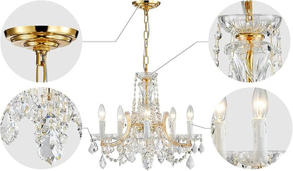 AGV LIGHTING CH001G Modern K9 Crystal Chandelier, Maria Theresa Style Light Fixture, 5-Lights, D20 x H18, Adjustable Chain 59", Shinny Gold Finish Frame