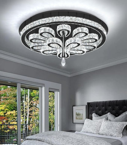 Modern Chandeliers for Living Room Crystal Chandelier Ceiling Light Fixture LED Dimmable with Remote Pendant Lighting Flush Mount Lighting for Dining Room Bedroom Black