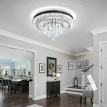 Crystal Chandelier 40W Modern Round Ceiling Light Fixture LED Raindrop Chandeliers Dimmable with Remote for Dining Room Living Room Entryway Hallway Bedroom Black