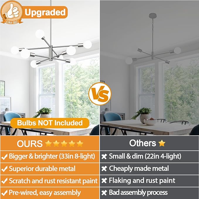 Sputnik Chandeliers Dining Room Light Fixture (8-Light, 30-Inch), Modern Brushed Nickel Chandelier, Height Adjustable Mid Century Modern Chandeliers for Dining Room Kitchen Island (Bulbs Not Included)