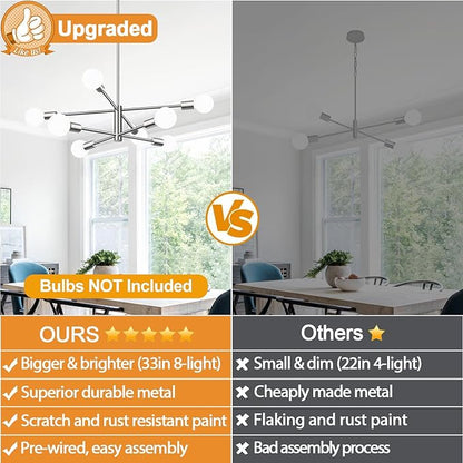 Sputnik Chandeliers Dining Room Light Fixture (8-Light, 30-Inch), Modern Brushed Nickel Chandelier, Height Adjustable Mid Century Modern Chandeliers for Dining Room Kitchen Island (Bulbs Not Included)