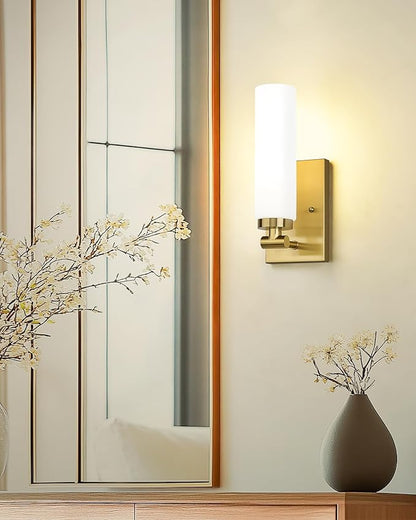 Emak Brushed Gold Wall Sconce, Modern Bathroom Vanity Sconces Wall Light Fixtures with Milk Glass Shade for Bathroom, Mirror, Living Room, Bedroom, Gallery, WS086-BGD-ML-2PK