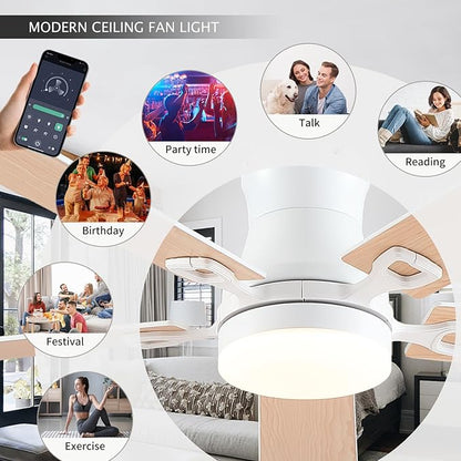 KNUN Ceiling Fans with Lights,52 Inch Low Profile Ceiling Fan with Light and Remote Control,Flush Mount,6 Speeds DC Reversible Motor, 3CCT Dimmable, Noiseless White Ceiling Fan for Living Room,Patio