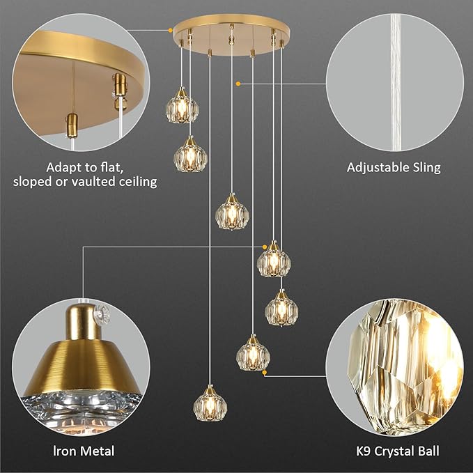 Weesalife Crystal Chandeliers for Staircases, 7-Light Gold Modern Chandeliers for High Ceilings，Crystal Pendant Light Fixture for Living Room Kitchen Island Foyer Hallway Bar