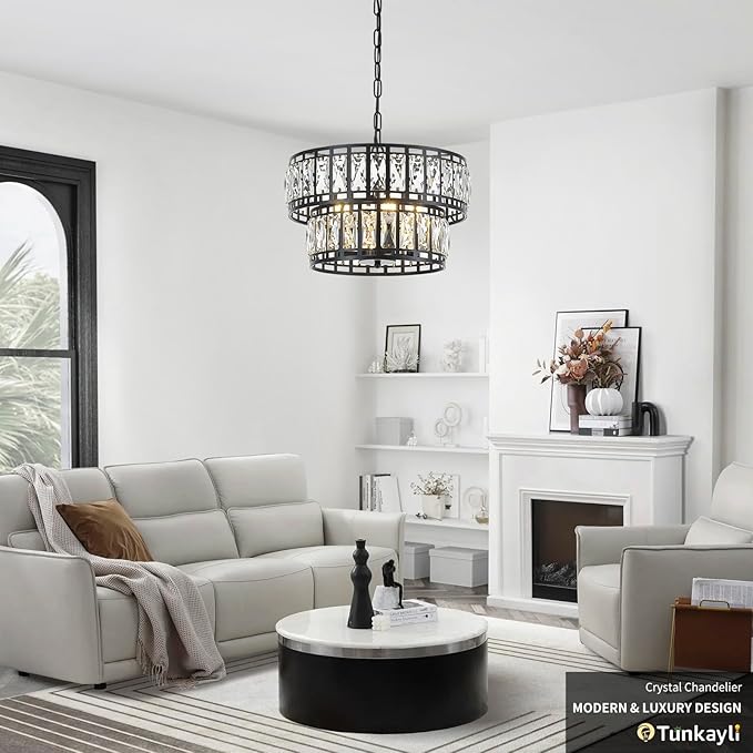 Dining Room Chandeliers K9 Crystal Black Metal Chandelier Modern 2-Tier Drum Farmhouse 16in Contemporary Round Light Fixture for Bedroom Entryway Kitchen Island Living Room