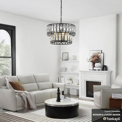 Dining Room Chandeliers K9 Crystal Black Metal Chandelier Modern 2-Tier Drum Farmhouse 16in Contemporary Round Light Fixture for Bedroom Entryway Kitchen Island Living Room