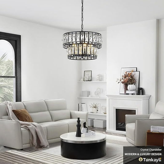 Dining Room Chandeliers K9 Crystal Black Metal Chandelier Modern 2-Tier Drum Farmhouse 16in Contemporary Round Light Fixture for Bedroom Entryway Kitchen Island Living Room