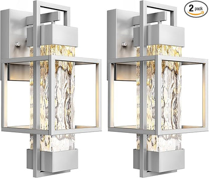PARTPHONER Modern Outdoor Light Fixtures Dusk to Dawn Outdoor Lighting 2 Pack, 15" Exterior Wall Sconce Waterproof Outside Porch Light for House with Water Glass for Garage Doorway Silver