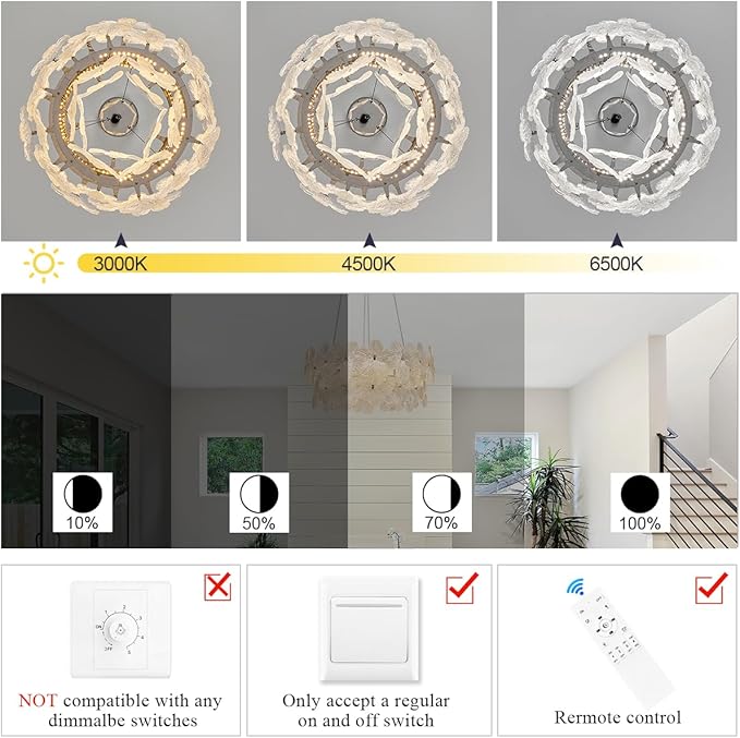 Elegant LED Crystal Chandelier 20'' Chrome Contemporary Flower Flush Mount Dimmable Chandelier Light Fixture with Remote Control for Living Dining Room Entryway Kitchen Bedroom(3000K-6500K)