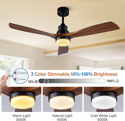 52 Inch Ceiling Fans with Lights and Remote Control, Outdoor Ceiling Fans for Patios; Black Ceiling Fan with Light for Bedroom Living Room, Solid Wood, 3CCT Dimmable, Memory Function