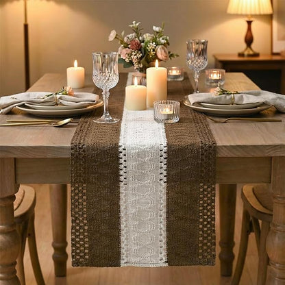 Artoid Mode Light Coffee Farmhouse Rustic Table Runner, Seasonal Hollow Kitchen Dining Table Decoration for Home Party Decor 12x108 Inch