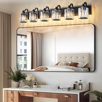 Black Crystal Bathroom Vanity Lights Fixtures 6 Light Over Mirror Modern Matte Black Bath Wall Lights with Round Shade (Exclude Bulb)