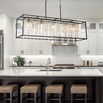 Modern Rectangle Black Crystal Chandeliers for Dining Room, 40" Rectangular Farmhouse Chandelier Top K9 Crystal Linear Light Fixture Lighting for Kitchen Island, Living Room L40xW12xH11