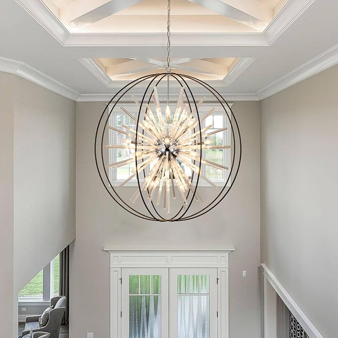 Vezzio D42 Extra Large Chandeliers for High Ceilings 24 Light Big Globe Crystal Sputnik Chandeliers for Entryway Foyer Stairway Kitchen Dining Living Room Hallway Entrance