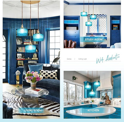 Mid Century 3-Light Blue Glass Chandelier Globe Cluster Chandeliers with Striped Round Shade Modern Large Glass Ceiling Pendant Light Fixtures for Kitchen Island Staircase Dining Room