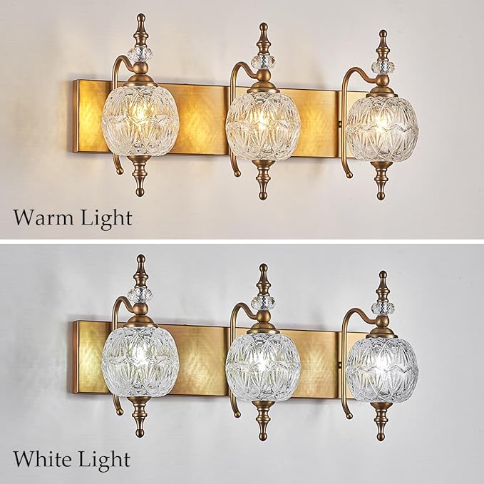 Vintage Bathroom Vanity Light Fixtures, 3 Lights Bathroom Wall Sconce Lighting Matte Brushed Antique Brass Finish with Crystal Glass Shade, Vintage Vanity Light for Bathroom Bedroom