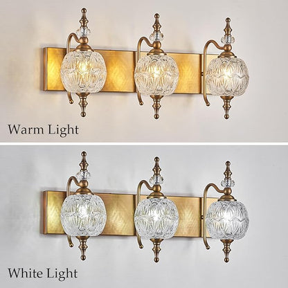 Vintage Bathroom Vanity Light Fixtures, 3 Lights Bathroom Wall Sconce Lighting Matte Brushed Antique Brass Finish with Crystal Glass Shade, Vintage Vanity Light for Bathroom Bedroom