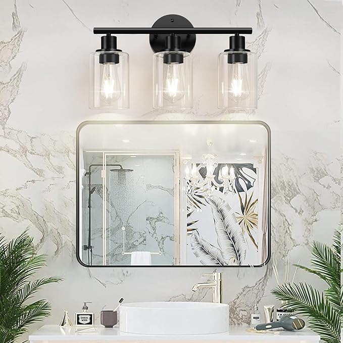 Zarbitta 3-Light Bathroom Light Fixtures, 17.23" Black Modern Vanity Lights with Clear Glass Shade, Bathroom Wall Lamp for Mirror Kitchen Living Room Hallway Cabinet Porch