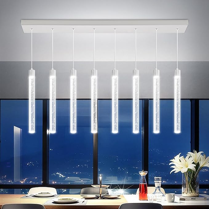 Modern LED Dimmable Crystal Column Chandelier Living Room Rectangular Crystal Chandelier Pendant Light for Dining Room Adjustable Height 8-Light Silver
