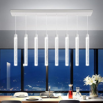 Modern LED Dimmable Crystal Column Chandelier Living Room Rectangular Crystal Chandelier Pendant Light for Dining Room Adjustable Height 8-Light Silver
