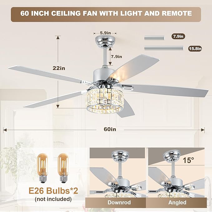 Chandelier Ceiling Fans with Lights and Remote,Caged Ceiling Fan with Light,App 5 Blades E26 Fandelier Ceiling Fans with Lights,Crystal Ceiling Fan for Bedroom,Living Room. (Nickel, 60 Inch)
