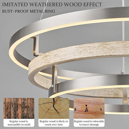 3 Ring LED Chandelier Nickel Round Chandelier Light Fixture Dimmable Foyer Chandeliers Light Weathered Wood Circular Chandeliers for Dining Room Entry Bedroom Office Living Room