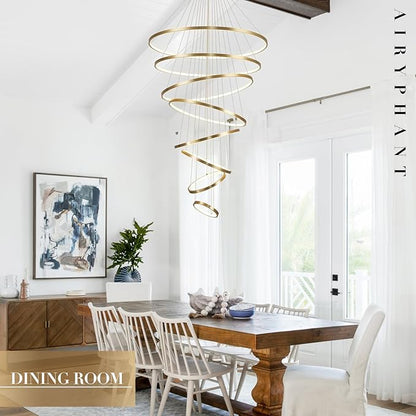 Modern LED Chandeliers 35" Brushed Gold 8-ring Big LED Chandelier for High Ceiling with Remote Control Hanging Height Adjustable Max 98" Long Chandelier for Foyer Living Room Entry Staircase