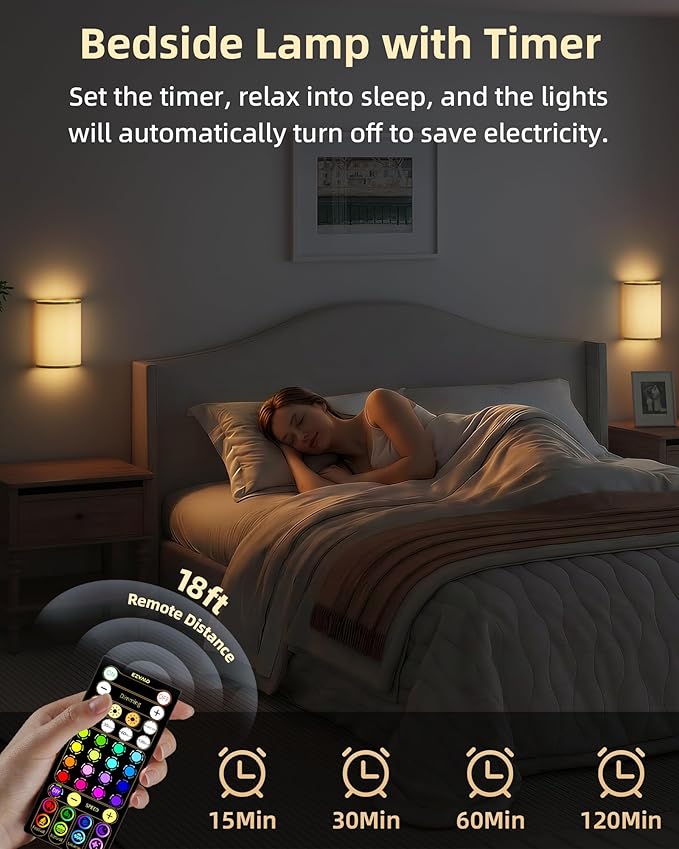 EZVALO Battery Operated Wall Sconce, Wireless Wall Sconces Set of Two with Remote, 3 Color & 80 RGB Rechargeable Wall Lights, Dimmable, Timer, Fabric Linen Shade Wall Decor for Bedroom (White)